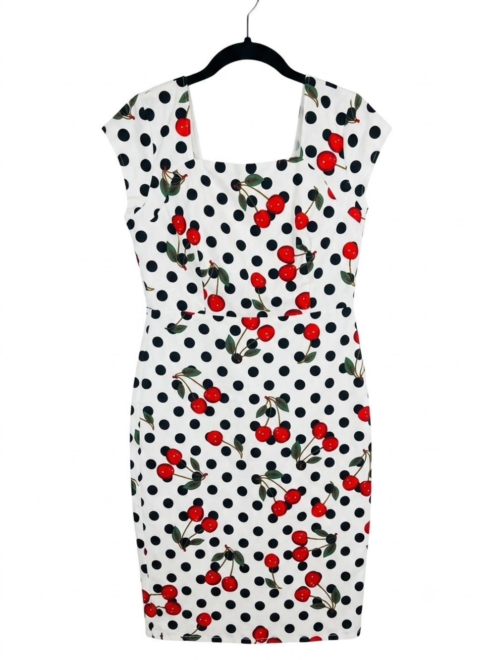 Belle Poque- Rockabilly Black Polka Dot & Cherry Sheath Dress
